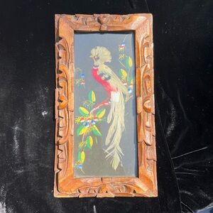Vintage Feather Bird In Ornate Carved Wood Frame Featherwork Plume Art Tropical